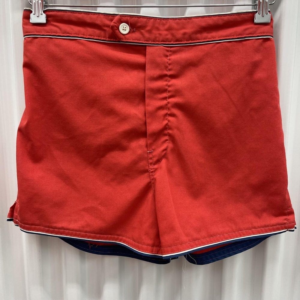 Vintage 70s 80s JCPenney Swim Shorts Mens MEDIUM Red Lined Elastic Waist Trunks